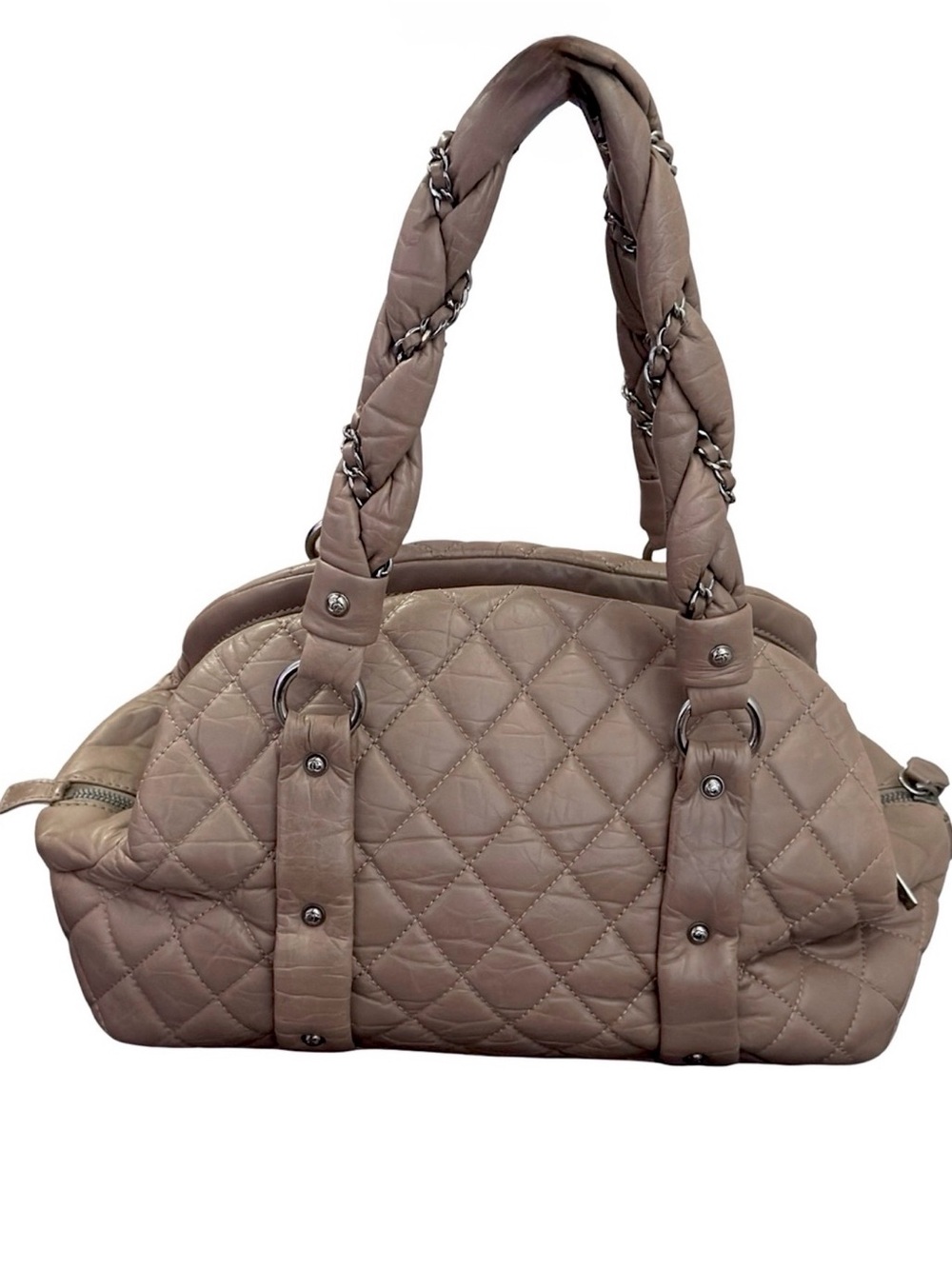 Chanel Lady Braid Bowler Bag Distressed Lambskin Taupe Quilted Satchel 13” - Picture 2 of 12